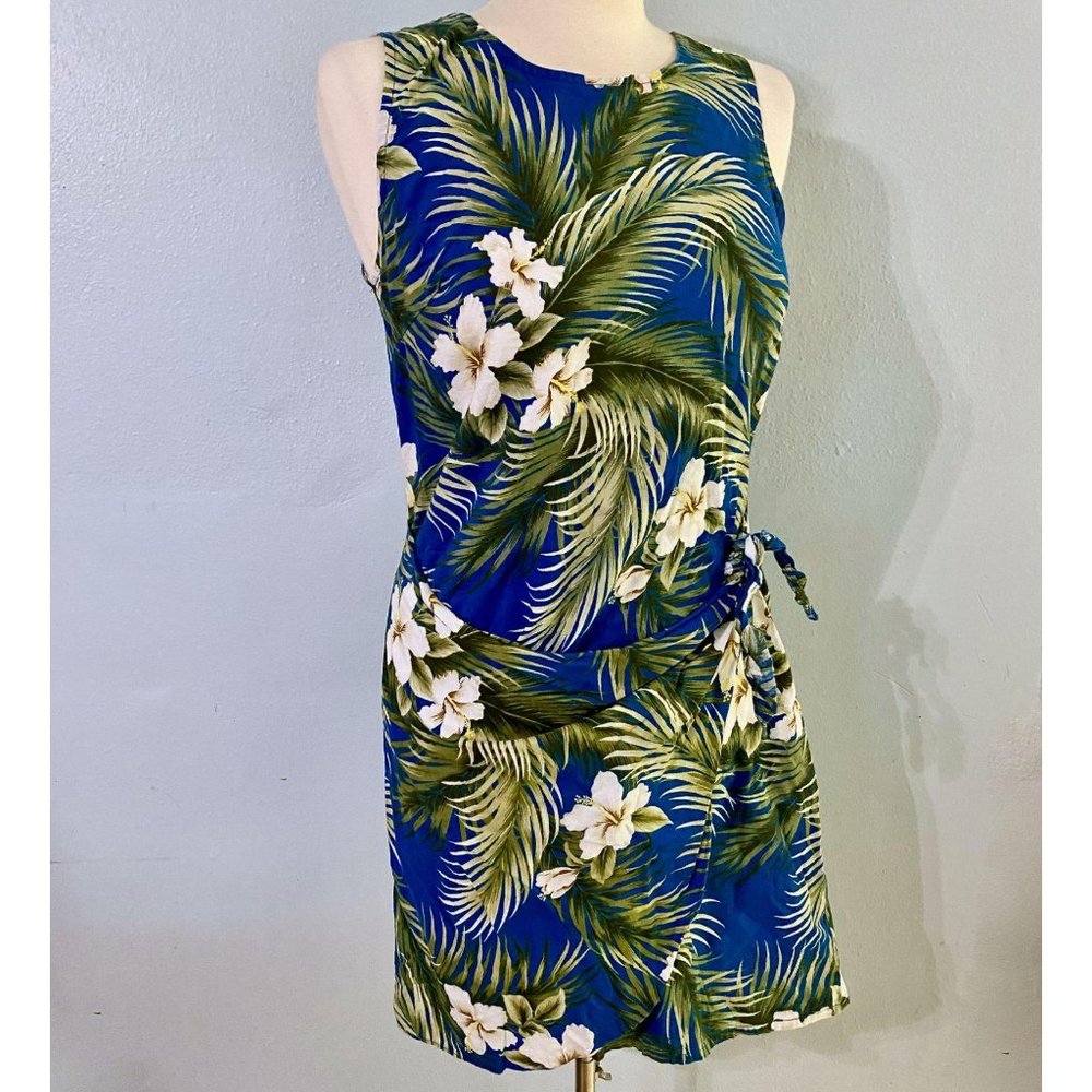 Royal Blue Hawaiian Mock Sarong Sheath Dress